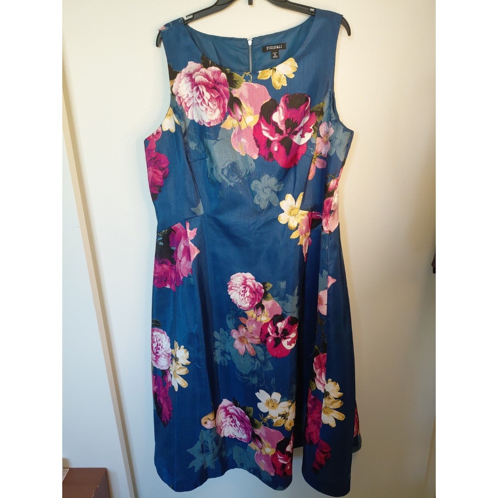 ROZ & ALI Size 18 ALine Dress Blue Pink Floral Sleeveless Lined Dressy NWOT